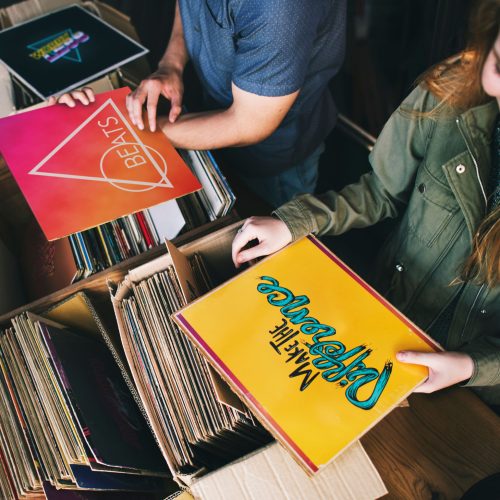 Young people in a record shop Young people in a record shop